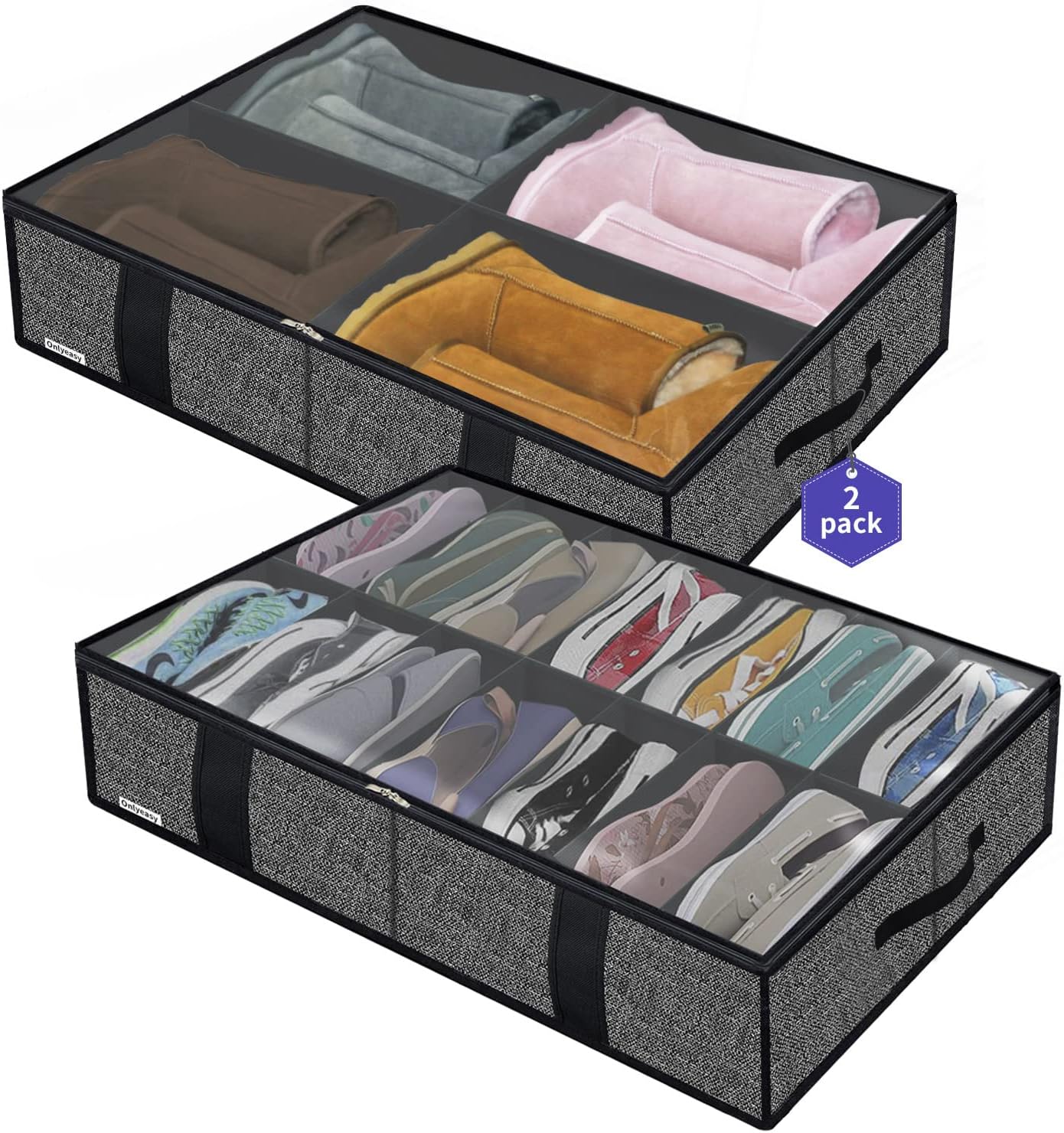 Onlyeasy Sturdy Under Bed Shoe Storage Organizer, Set of 2, Fit 12 to 24 Pairs, Underbed Shoes Closet Storage Solution with Clear Window, Breathable, L29.3 x W23.6 x H5.9, Linen-like Black, MXAUBSB2P