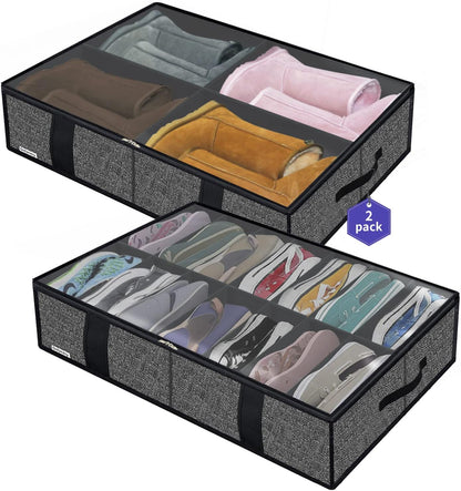 Onlyeasy Sturdy Under Bed Shoe Storage Organizer, Set of 2, Fit 12 to 24 Pairs, Underbed Shoes Closet Storage Solution with Clear Window, Breathable, L29.3 x W23.6 x H5.9, Linen-like Black, MXAUBSB2P