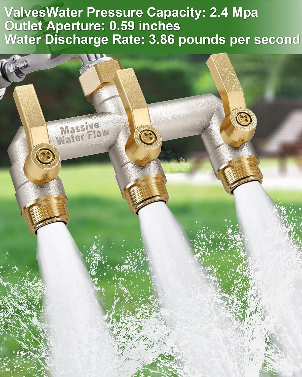 Hose Splitter 2 Way Heavy Duty, Solid Brass Full Flow Outdoor Faucet and Garden Hose Splitters, Water Spigot Splitter T Adapter, All Metal Water Connector with Shut-Off Valve, 3/4 - Inch GHT Thread