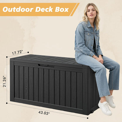Fancyango 75 Gallon Outdoor Deck Box Waterproof, Large Storage Box for Patio, Resin Storage Bench Lockable for Garden Tools, Package Delivery, Black
