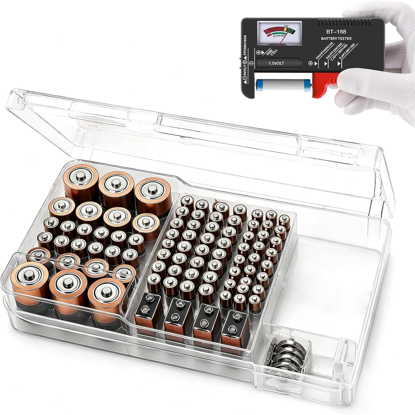 Battery Organizer Storage Case with Tester,Clear Lid Battery Storage Organizer,Holds 93 Batteries Battery Storage Box Battery Carrying Case（Batteries are Not Included）