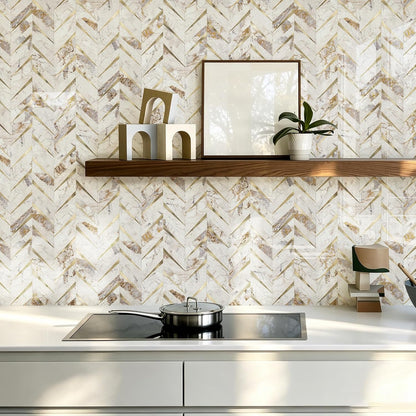 STICKGOO 10-Sheet Herringbone Tile Peel and Stick Backsplash, Beige Mixed Metal Gold PVC Stick on Backsplash, Self Adhesive Wall Tile for Kitchen and Bathroom