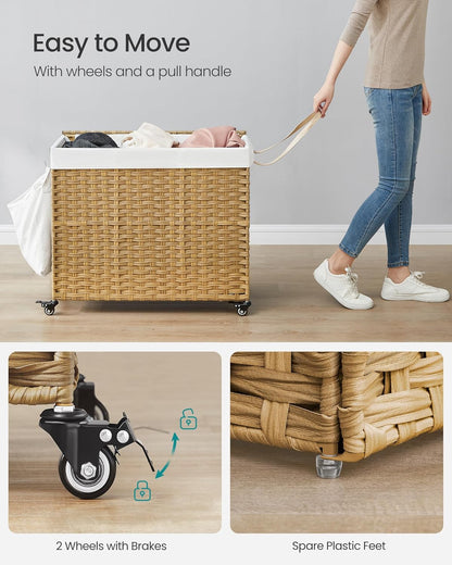 SONGMICS Laundry Hamper with Lid, 37 Gallons (140 L), Rolling Laundry Basket with Wheels, 3-Section Synthetic Rattan, Removable Liner, Bedroom, 26 x 13 x 26 Inches, Gray ULCB363G01
