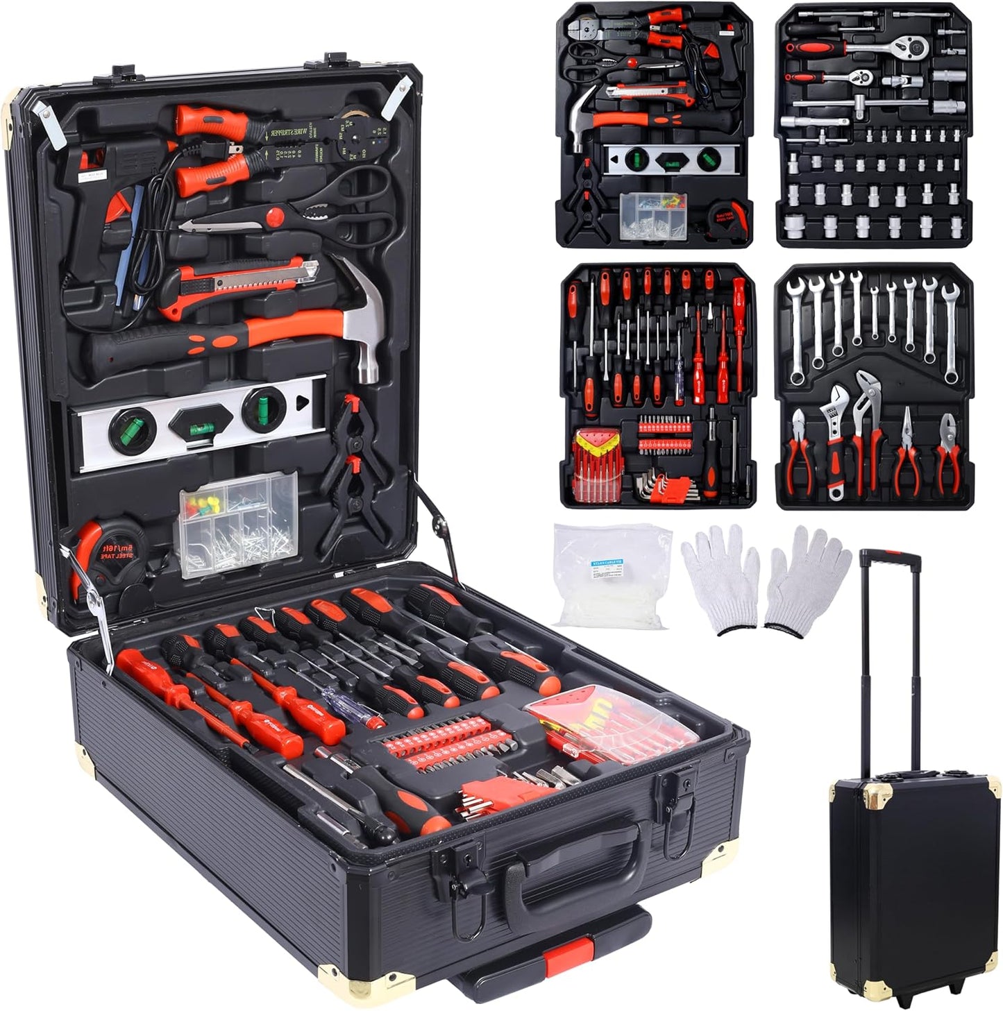 LuckyNote 969pcs Home Repair Tool Set Kit for Men, Toolbox Storage Case with 4 Drawers, General Household Tool Kit with Rolling Tool Box, Tool Set Kit for Maintenance, Garden, Homeowner, Handyman