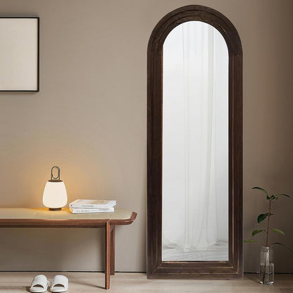 Hand-Made Wooden Spliced Full-Length Mirror with Stand, Rustic Farmhouse Mirror, Solid Wood Frame, Vertical Hanging, Leaning Standing for Bedroom, Living Room (Brown, 65" x 24", Arched)