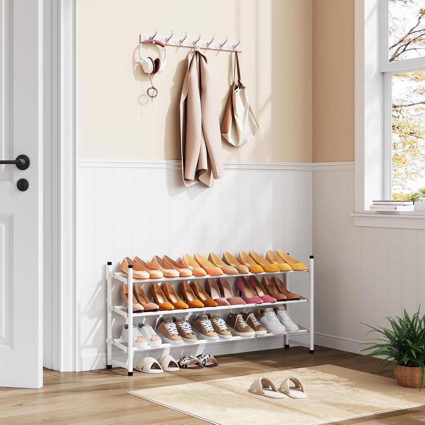 Tajsoon Expandable Shoe Rack for Closet 3 Tier, 28“-41“Adjustable & Stackable Shoe Shelf Storage, Metal Shoe Rack Organizer for Front Door Entrance, Closet, Garage, Entryway, Black