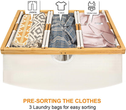 WOWLIVE 180L Laundry Hamper 3 Section, Bamboo Laundry Basket with lid, Extra Large Dirty Clothes Hamper with Removable Linner Bags, Laundry Bin Organizer Storage for Dorm Bedroom Bathroom, Beige