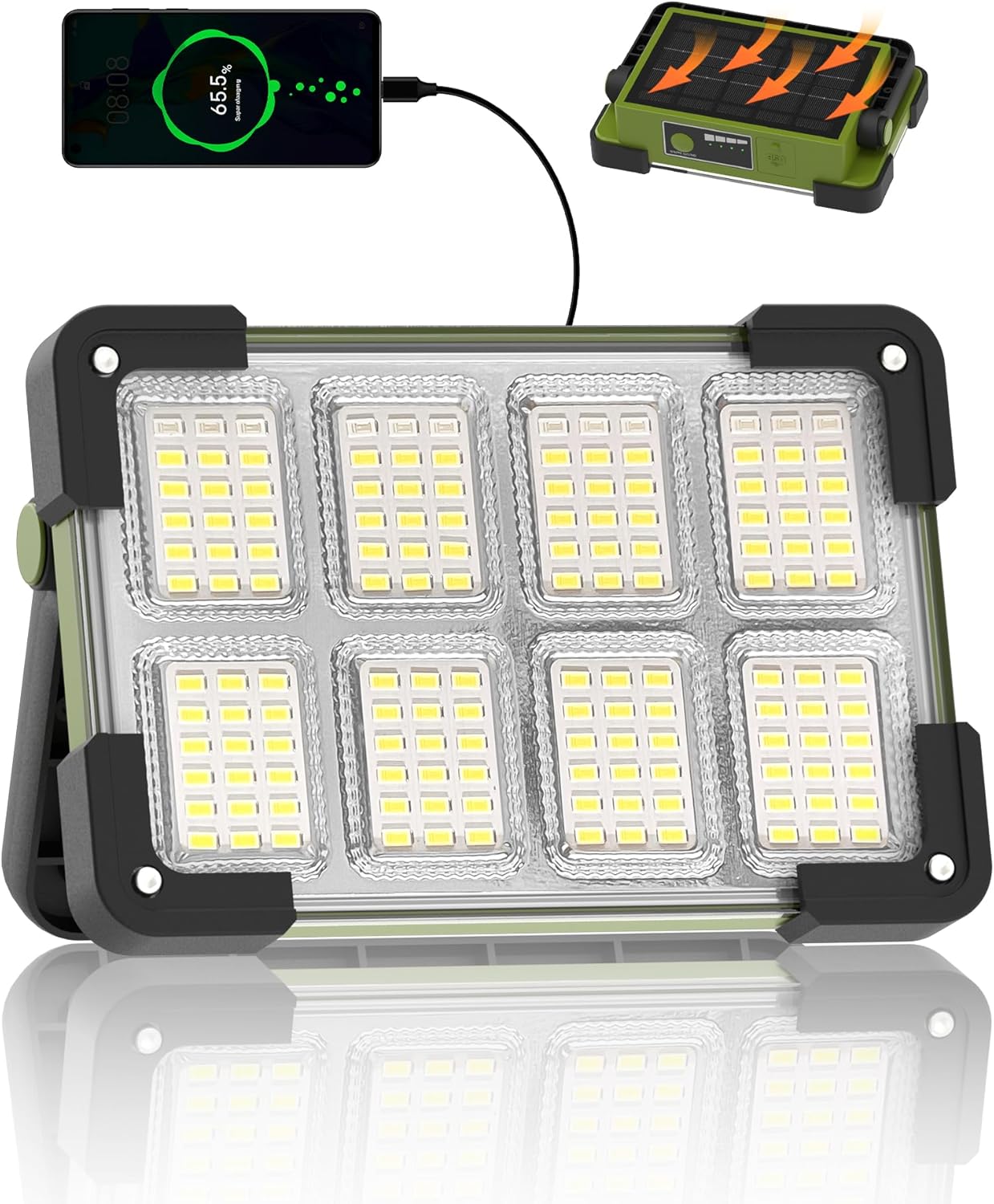 120W Solar Rechargeable Work Light, 144 LED 10000LM Led Work Light with 4 Modes, Portable Flood Light with Stand, IP66 Waterproof Outdoor Working Light for Emergency Mechanic Camping Repair (Yellow)