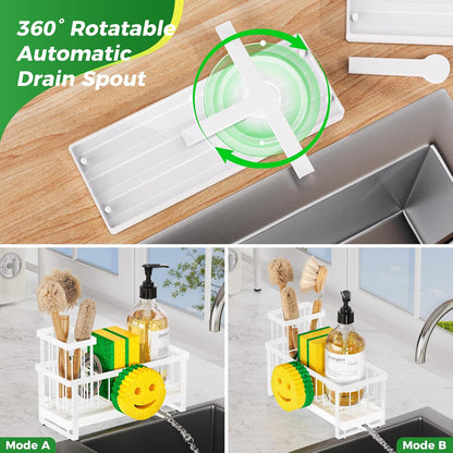 Sponge Holder for Kitchen Sink,Smiley Face Sink Caddy with Removable Brush Holder,Self-Draining Sponge Caddy for Soap,Dish Brush,Scrubber,Kitchen Essentials and Gadgets-Silver