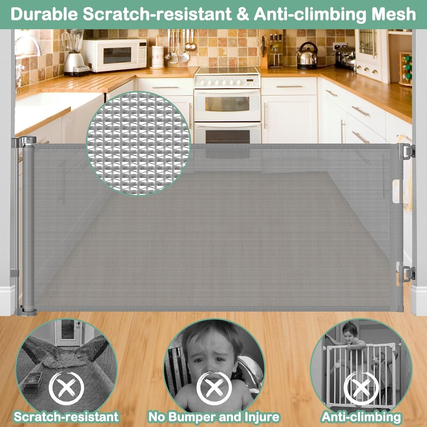 55 Inch Retractable Dog Gate Outdoor Scratch-Resistant Mesh Baby Gate for Stairs Retractable Baby Gates for Doorways Anti-Climb Outdoor Dog Gates for Decks Keep Kid/Pet away from Dangerous Place, Gray