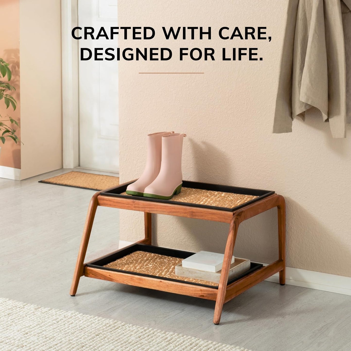 Anji Mountain Heavy Duty Waterproof Wooden Shoe Storage Mat Organizer/Boot Storage Tray Multi Use for Entryway with Coir, Tan Rectangle Embossed Insert, 1 Tier, Fits 2 Pair (26.5" Wide)