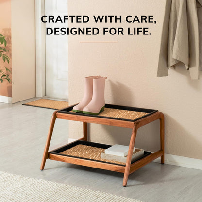 Anji Mountain Heavy Duty Waterproof Wooden Shoe Storage Mat Organizer/Boot Storage Tray Multi Use for Entryway with Coir, Tan Rectangle Embossed Insert, 1 Tier, Fits 2 Pair (26.5" Wide)