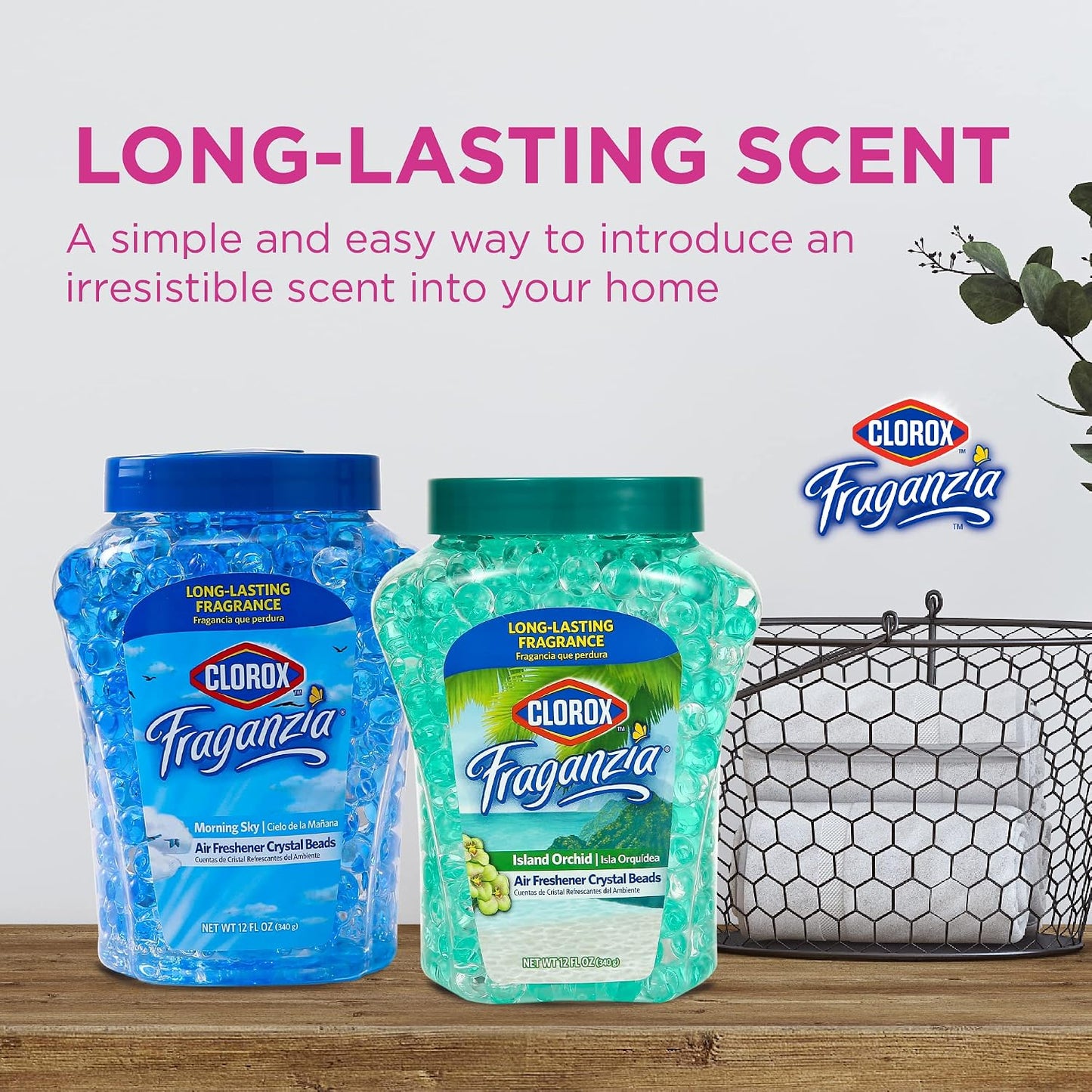 Clorox Fraganzia Crystal Beads Air Freshener, Long Lasting Room Deodorizer and Odor Eliminator Gel Beads to Freshen Home, Car, or Office, Fresh Ocean Breeze Scent, 12 Fl Oz - 2 Pack