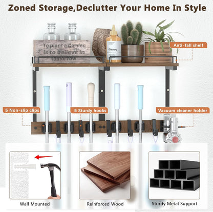 Mop Holder Wall Mount with Cleaning Supplies Organizer, Wood Mop and Broom Hanger Rack Organizer with Anti-Fall Wall Shelf with 5 Clips & Hooks for Garage Laundry Room Kitchen (Brown)