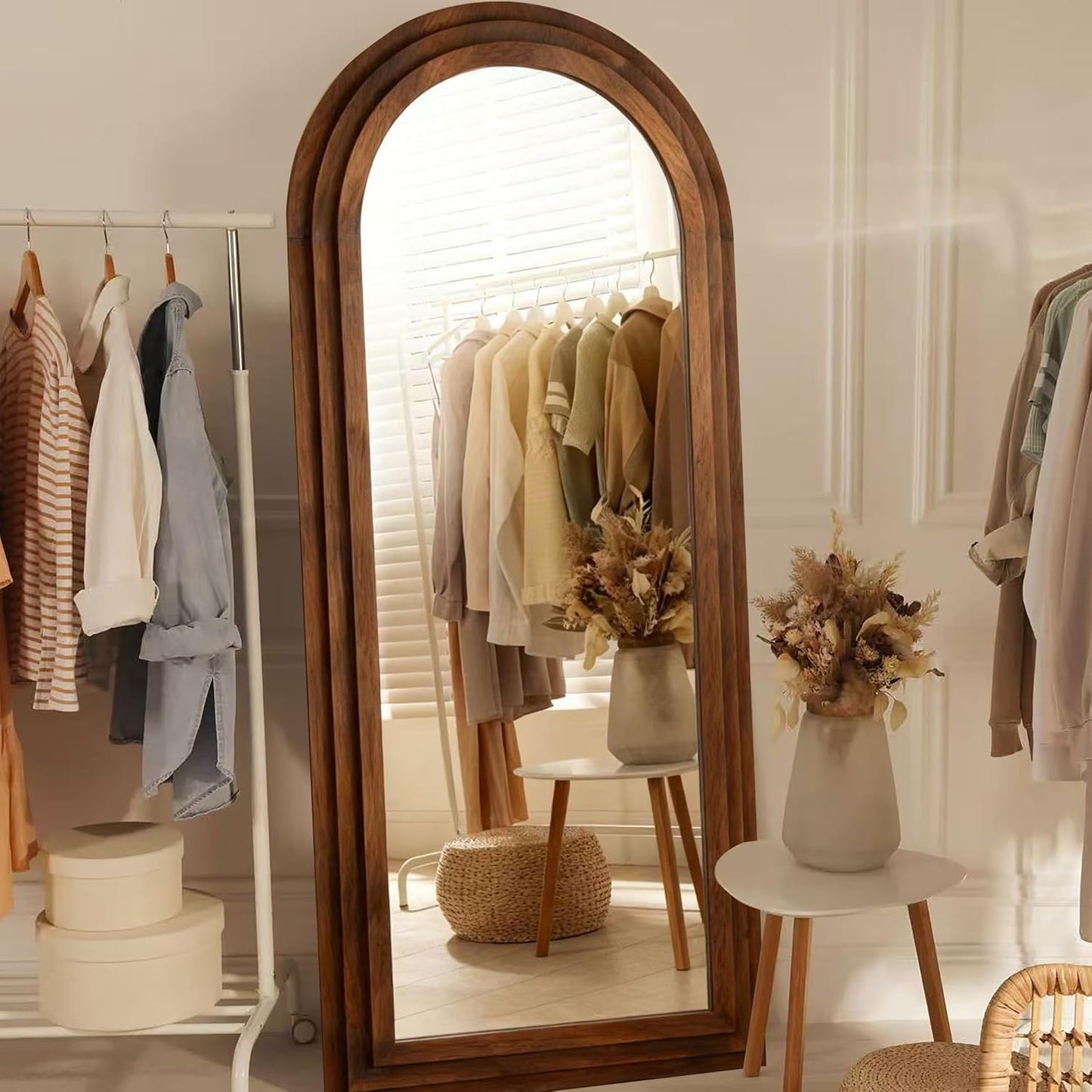PERFNIQUE Arched Full Length Mirror with Solid Wood Frame, 71"x32" Rustic Farmhouse Wall Mounted Floor Mirror with Stand, Vertical Hanging, Leaning Standing for Bedroom, Living Room & Entryway