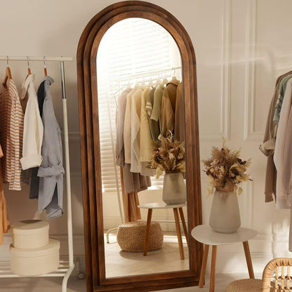 PERFNIQUE Arched Full Length Mirror with Solid Wood Frame, 71"x32" Rustic Farmhouse Wall Mounted Floor Mirror with Stand, Vertical Hanging, Leaning Standing for Bedroom, Living Room & Entryway