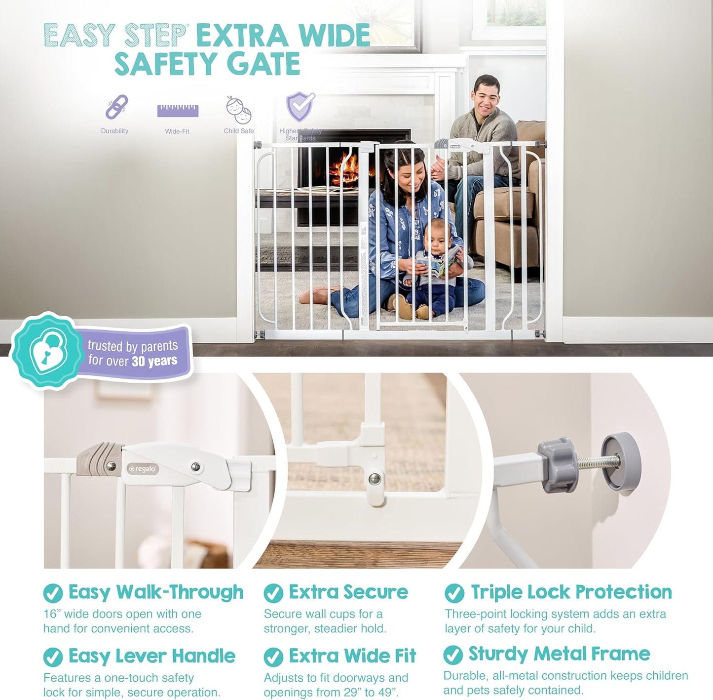 Regalo Safety 29-38.5" Baby Gate for Doorways & Bottom of Stairs, Pressure Mounted Baby Gate with Door for Babies, Toddlers & Pets, Tested & Safe for 30 Years, American Designed, American Owned, White