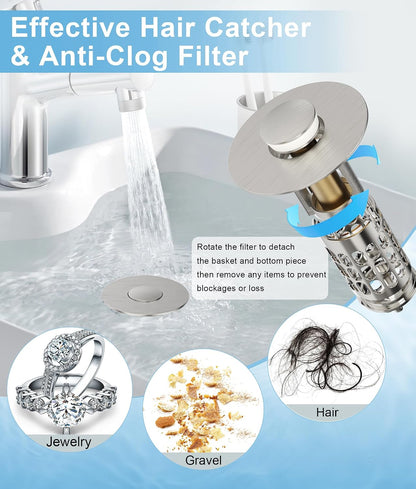 QYHNYJF Bathroom Sink Stopper with Hair Catcher – Universal Pop-Up Drain Strainer for 1.1–1.5 inch US Standard Sink Drain Holes, Anti-Clog Basin Stopper, Silver