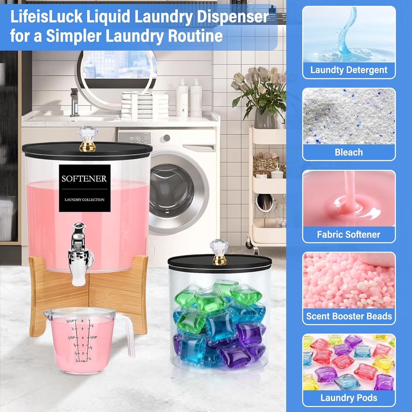 Laundry Detergent Dispenser Set 2 Pack Large & Small Liquid Laundry Soap Dispensers with Bamboo Stands Acrylic Laundry Detergent Containers Total Capacity About 1.25 Gallons Laundry Room Organization