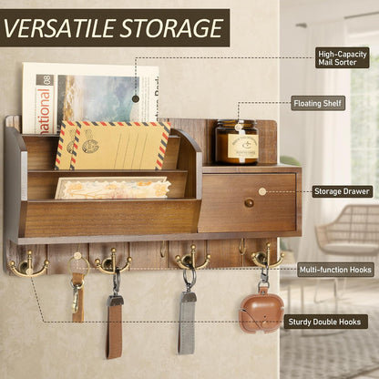 Rebee Vision Key and Mail Holder Wall Mount - Mail Organizer Wall Mount with Storage Hooks and Drawer for Modern Farmhouse Decor - Mail Organizer Wall Mounted for Rustic Apartment Essentials (Brown)