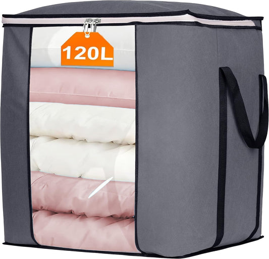 KEETDY 120L Extra Large Blanket Storage Bags Breathable Clothes Storage Containers with Reinforced Handles, Fabric Canvas Storage Bags for Beddings, Grey