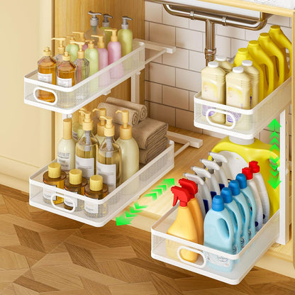 Under Sink Organizer 2-Pack, Metal 2-Tier Pull-Out Cabinet Shelf with Slide-Out Mesh Drawers, Height Adjustable, Space-Saving Under Sink Storage Racks for Kitchen, Bathroom, Laundry Room