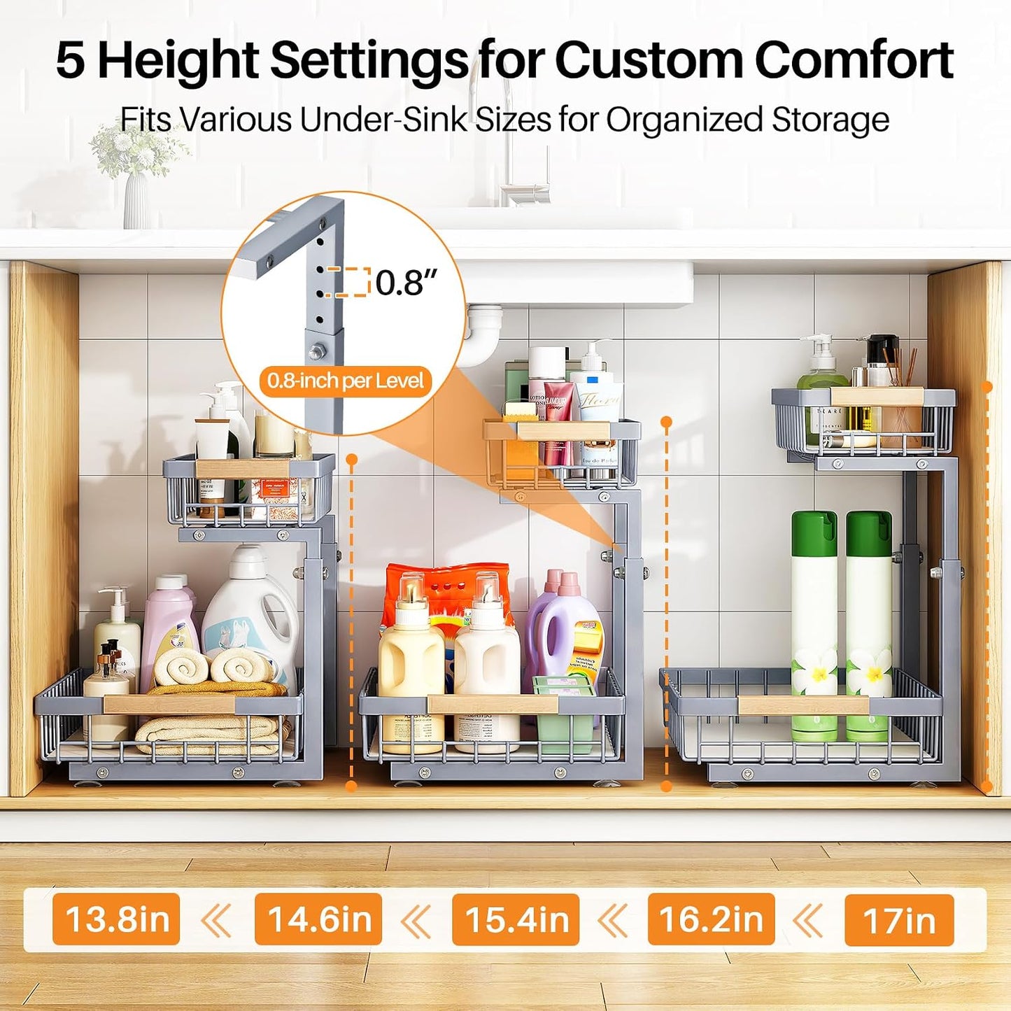 PXRACK Under Sink Organizer, Adjustable Height, 2 Tier Pull Out Under Cabinet Organizer, Slide Out Thickened Metal Under Sink Storage for Kitchen Bathroom Laundry Pantry Cabinet, White, Large-1-Pack