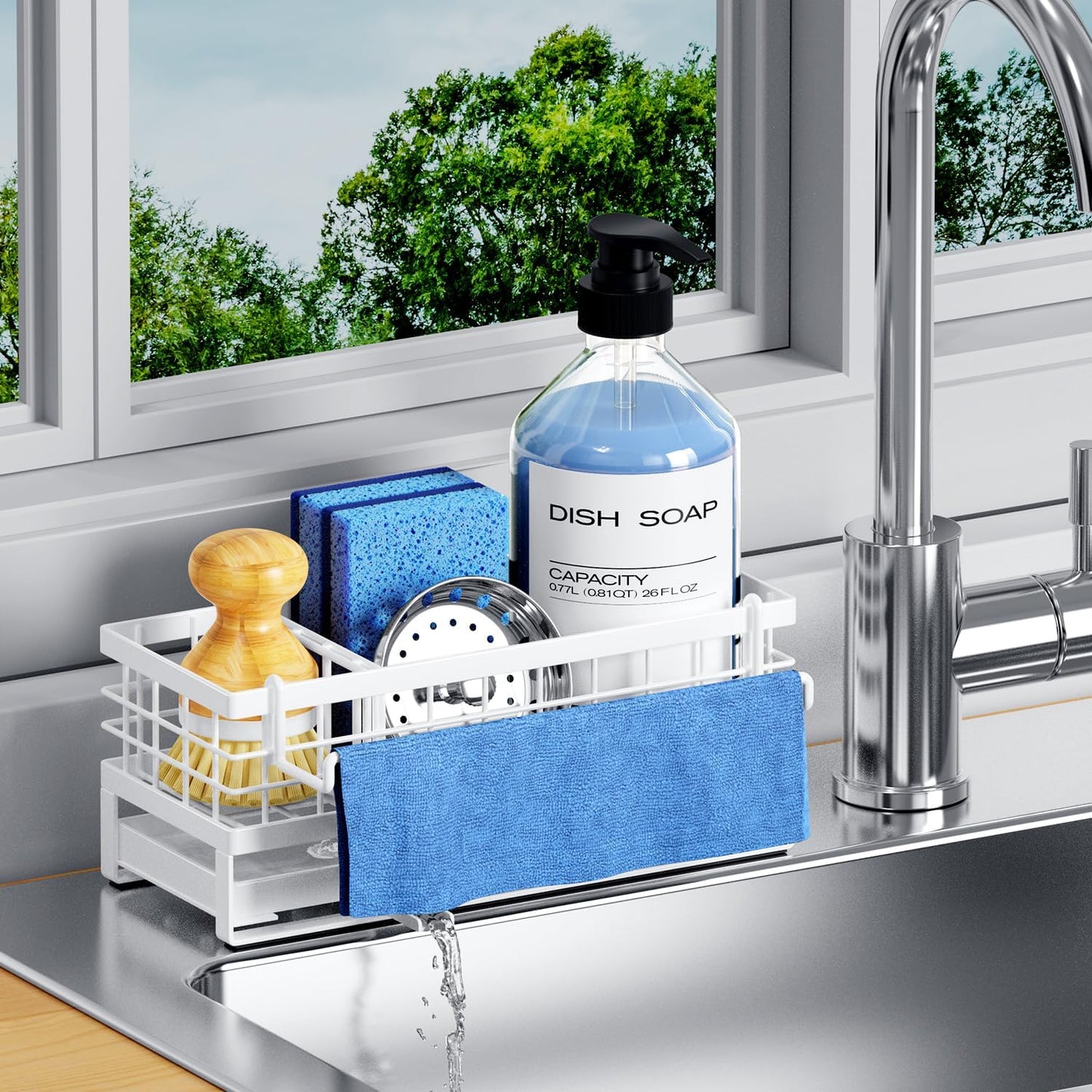Kitchen Sink Sponge Holder, Rustproof Non-Slip Self-Draining Metal Sink Caddy with Detachable Dish Cloth Holder (Black)