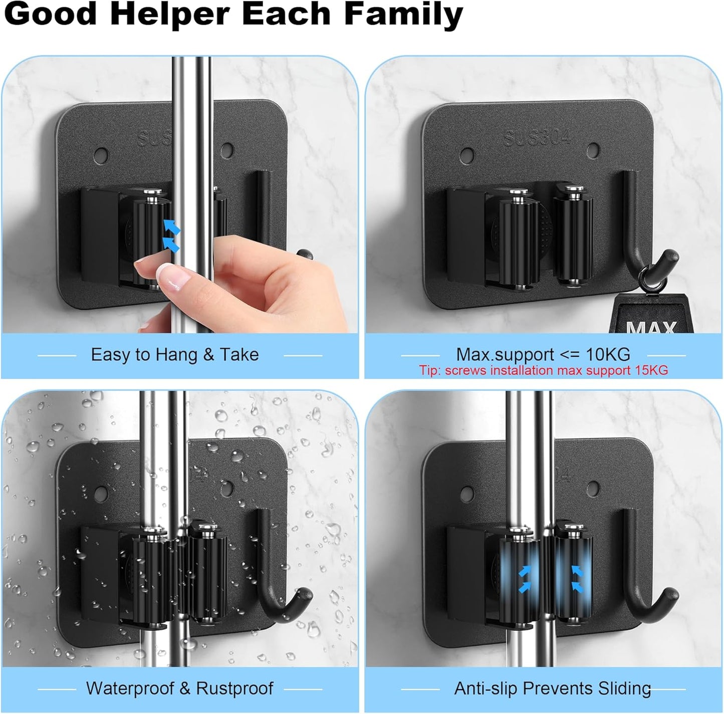 4 Pack Stainless Steel Mop and Broom Gripper with Hook, Screw Drilling or Self Adhesive Mop and Broom Holder Wall Mount, Storage Rack for Closet Laundry Garage Garden Tool Organizer, Silver