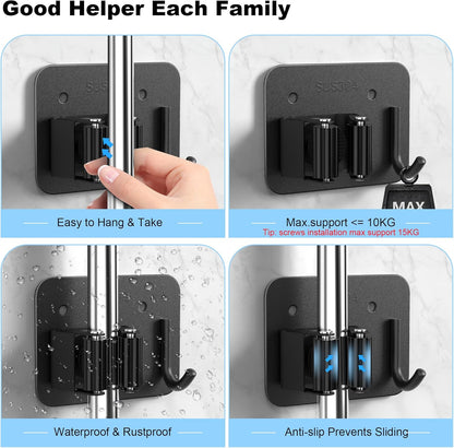 4 Pack Stainless Steel Mop and Broom Gripper with Hook, Screw Drilling or Self Adhesive Mop and Broom Holder Wall Mount, Storage Rack for Closet Laundry Garage Garden Tool Organizer, Silver