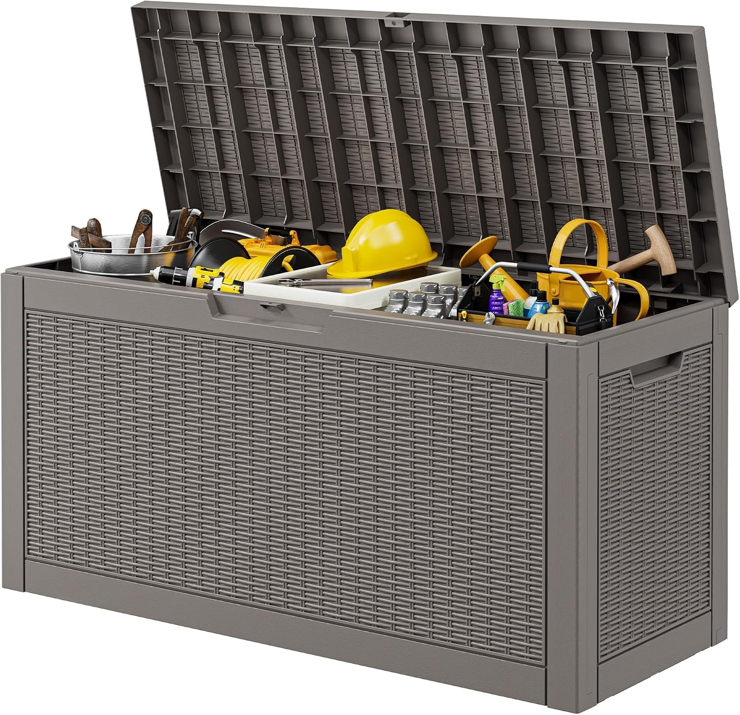 Outdoor Storage Box, 31 Gallon Resin Deck Boxes Outdoor Waterproof For Patio Furniture, Garden Tools, Pool Supplies, Lockable And UV Resistant (Rattan Gray)