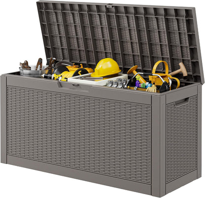 Outdoor Storage Box, 31 Gallon Resin Deck Boxes Outdoor Waterproof For Patio Furniture, Garden Tools, Pool Supplies, Lockable And UV Resistant (Rattan Gray)