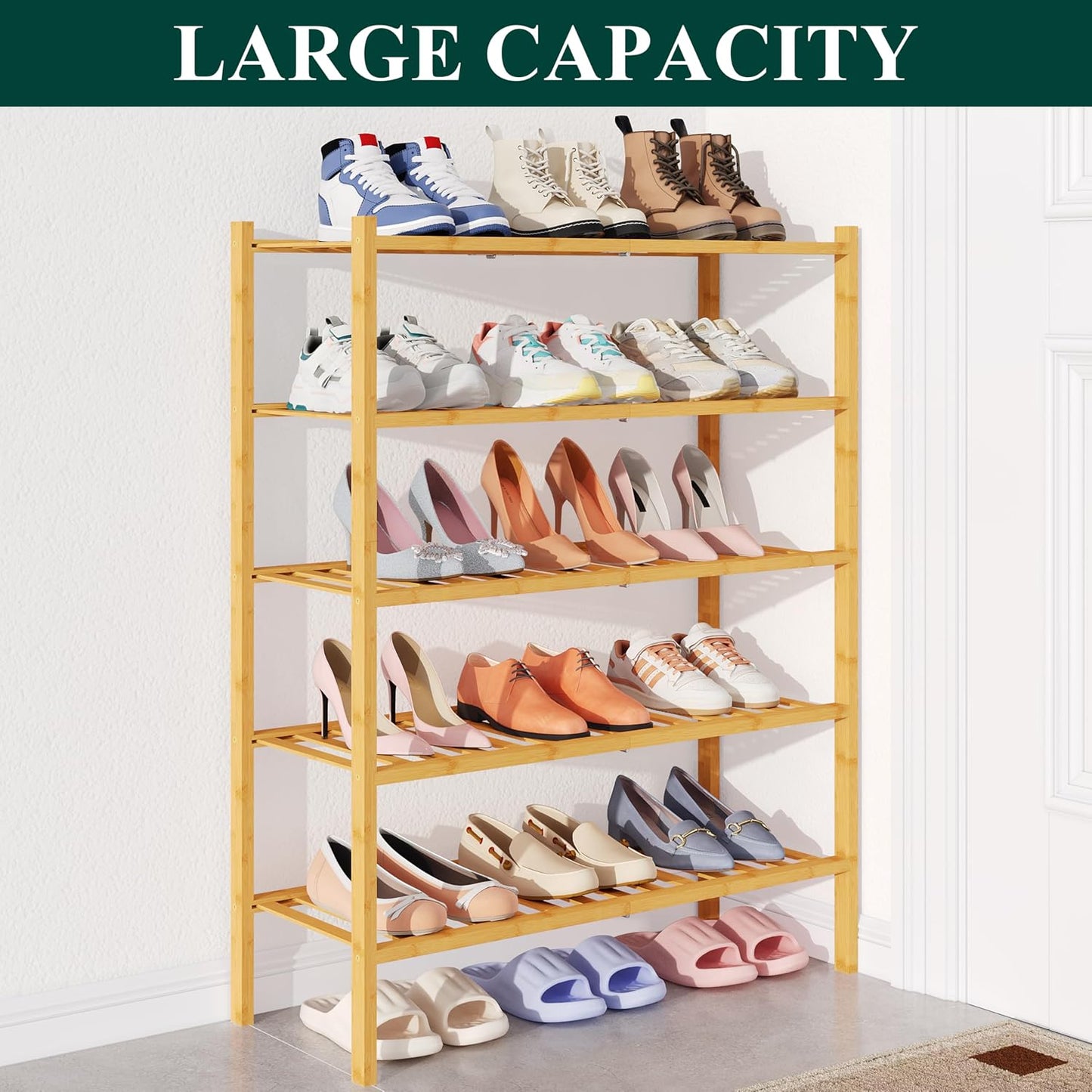 Smiry Bamboo Shoe Rack for Closet, 3 Tier Wooden Shoe Organizer, Stackable Wood Shoe Storage Shelf for Entryway, 14 Vertical Slats, One-piece Heavy-Duty Legs, 26.77"x11.02"x18.31", Natural