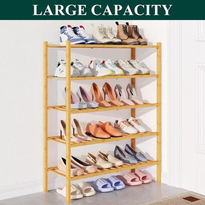 Smiry Bamboo Shoe Rack for Closet, 3 Tier Wooden Shoe Organizer, Stackable Wood Shoe Storage Shelf for Entryway, 14 Vertical Slats, One-piece Heavy-Duty Legs, 26.77"x11.02"x18.31", Natural
