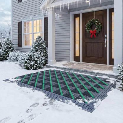 Heavy Duty Outdoor Door Mat with Drainage Holes, All-Weather EVA Boot Scraper Mat, Interlocking Floor Tiles, Non-Slip Waterproof Entrance Mat for Front Door Garage Porch(Gray+Gray,75x150cm)