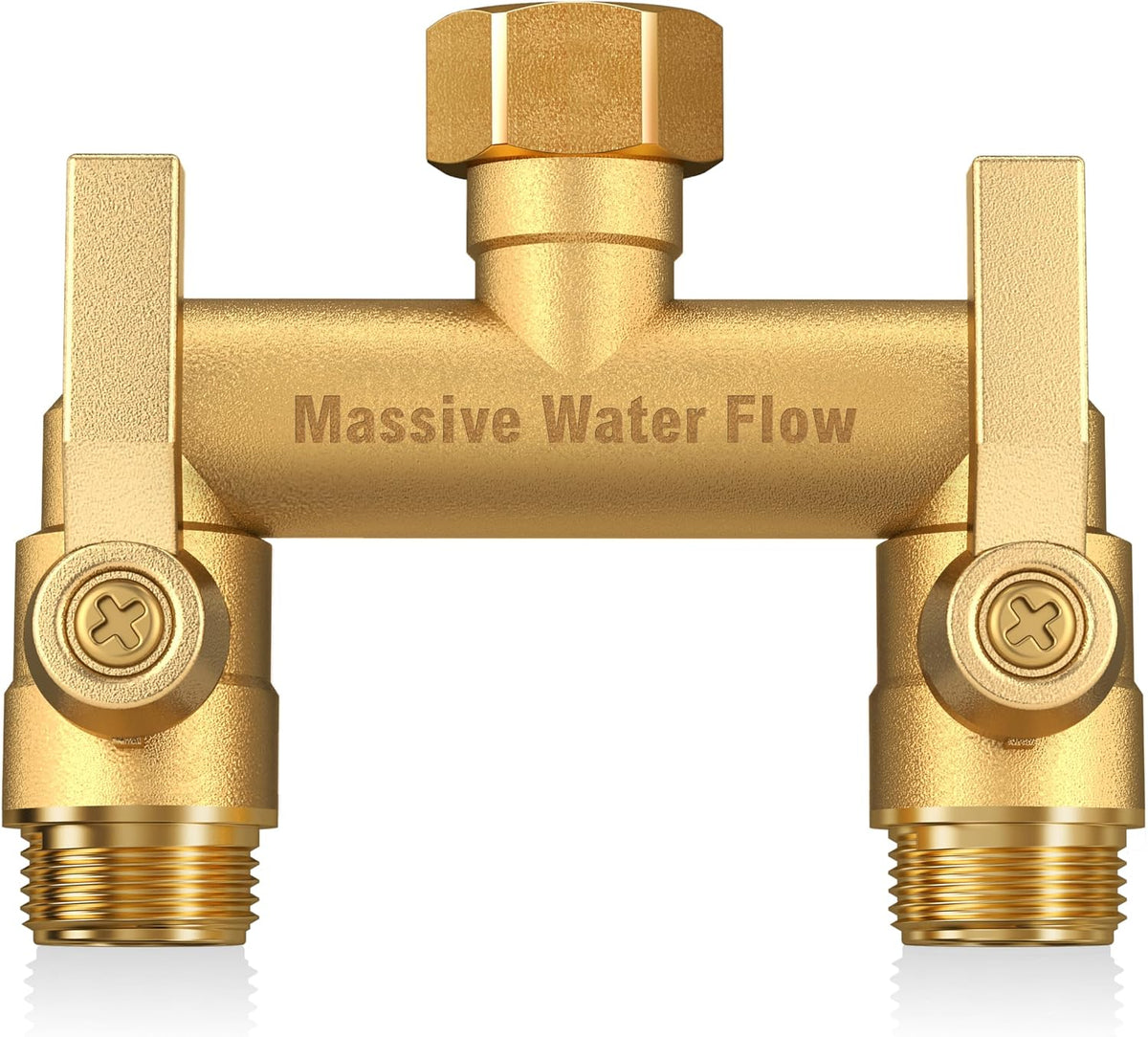 Hose Splitter 2 Way Heavy Duty, Solid Brass Full Flow Outdoor Faucet and Garden Hose Splitters, Water Spigot Splitter T Adapter, All Metal Water Connector with Shut-Off Valve, 3/4 - Inch GHT Thread