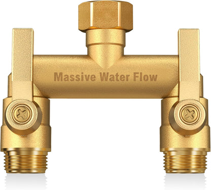 Hose Splitter 2 Way Heavy Duty, Solid Brass Full Flow Outdoor Faucet and Garden Hose Splitters, Water Spigot Splitter T Adapter, All Metal Water Connector with Shut-Off Valve, 3/4 - Inch GHT Thread