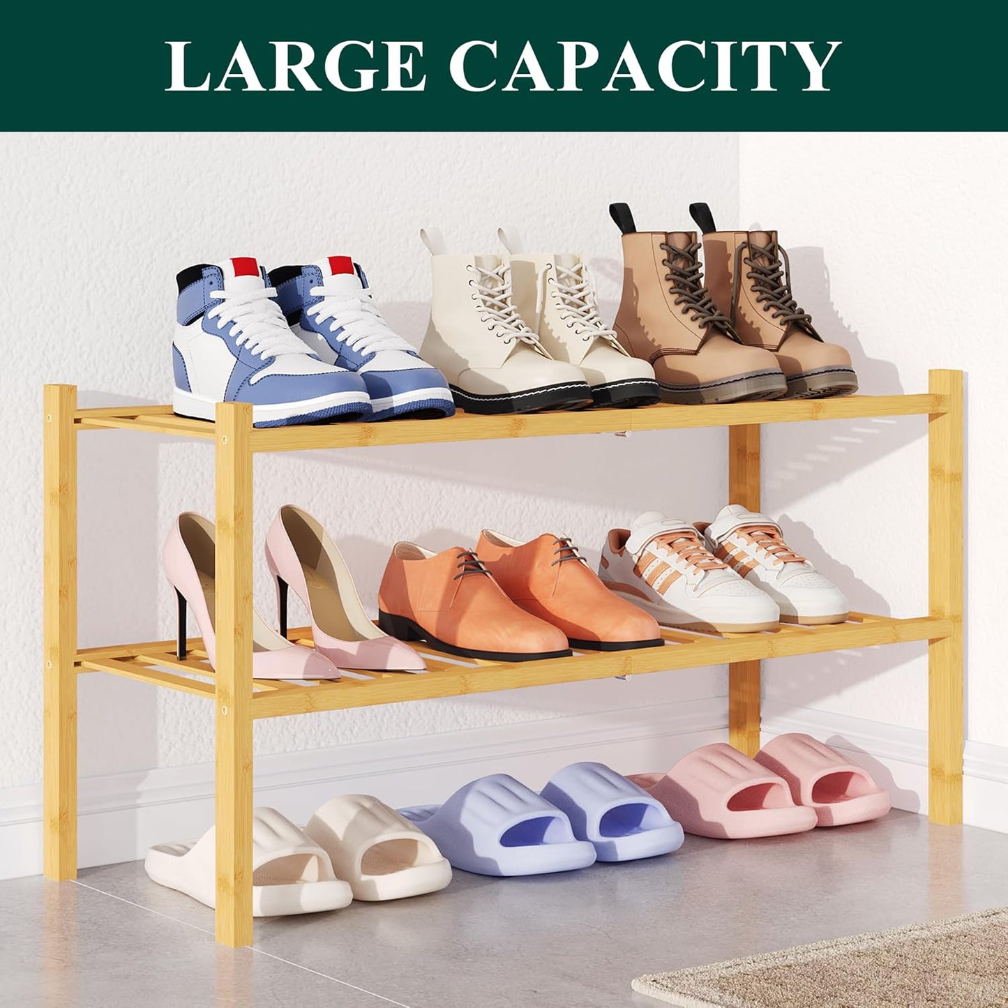 Smiry Bamboo Shoe Rack for Closet, 3 Tier Wooden Shoe Organizer, Stackable Wood Shoe Storage Shelf for Entryway, 14 Vertical Slats, One-piece Heavy-Duty Legs, 26.77"x11.02"x18.31", Natural