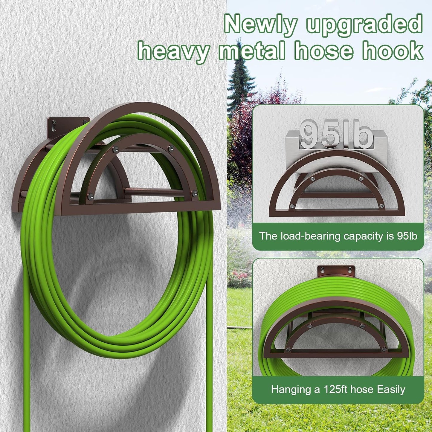 OLV Hose Holder Wall Mount, Outdoor Water Hose Holder Holds 125-ft Hose, Heavy Duty Metal Detachable Hose Hanger Reel Storage Organizer, Hose Rack for Outside Garden Lawn Yard Farm, Black