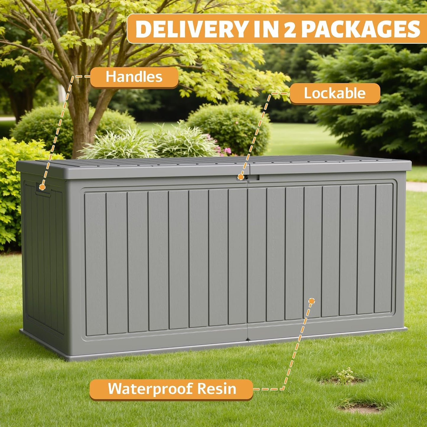 Flamaker Resin Deck Box 120 Gallon Waterproof Large Outdoor Indoor Storage Box Imitation Wood Resin for Patio Furniture Garden Tools and Pool (Black)