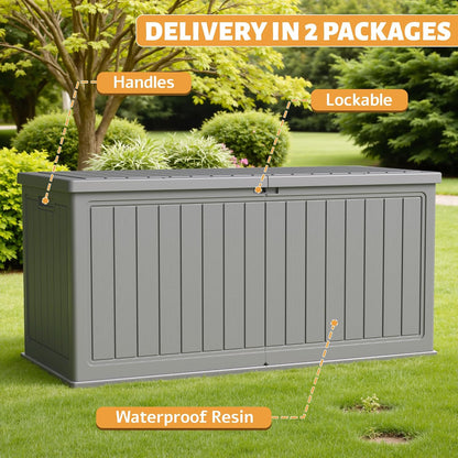 Flamaker Resin Deck Box 120 Gallon Waterproof Large Outdoor Indoor Storage Box Imitation Wood Resin for Patio Furniture Garden Tools and Pool (Black)