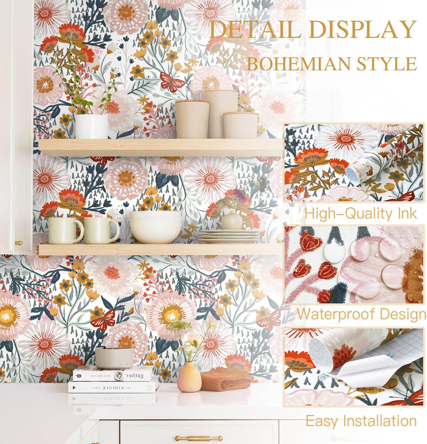 Dimoon 17.3''x78.7'' Peel and Stick Wallpaper Floral Cute Contact Paper Vintage Village Country Cottage Wallpaper Farmhouse Yellow Beige Renter Friendly Geometry Waterproof Embossed Kitchen Bedroom