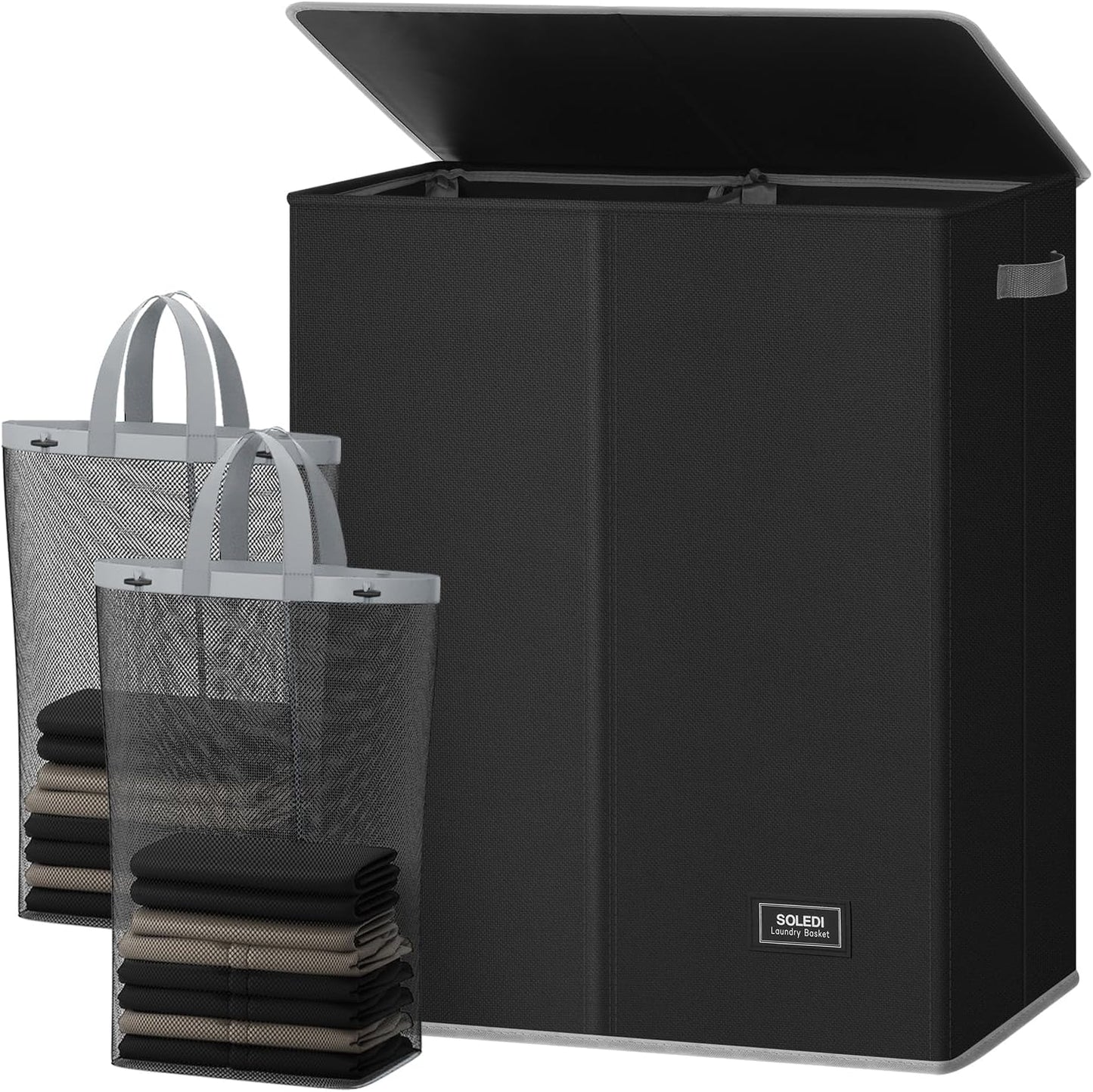 SOLEDI Luxury Double Laundry Hamper with Lid and Removable Bags, 38.3 Gal Large Laundry Bin, Laundry Basket 2 Sections, Collapsible Clothes Hamper for Bedroom, Laundry Room, Bathroom, Off-white