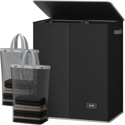 SOLEDI Luxury Double Laundry Hamper with Lid and Removable Bags, 38.3 Gal Large Laundry Bin, Laundry Basket 2 Sections, Collapsible Clothes Hamper for Bedroom, Laundry Room, Bathroom, Off-white