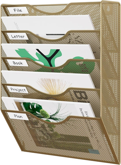 EasyPAG 5 Pocket Mesh Wall File Organizer with Key Hooks, Hanging Paper Folder Holder with Classify Label, Vertical Wall Mount Mail Organizer for Office Home Classroom, Black