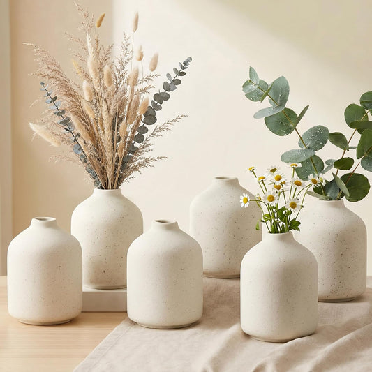 Ceramic Flower Vase Home Decor Small Vase Set of 6 Centerpieces for Tables | Farmhouse Vases Rustic Vintage Living Kitchen Bedroom Decorations for House Book Shelf Office Coffee Desk Dining Fireplace
