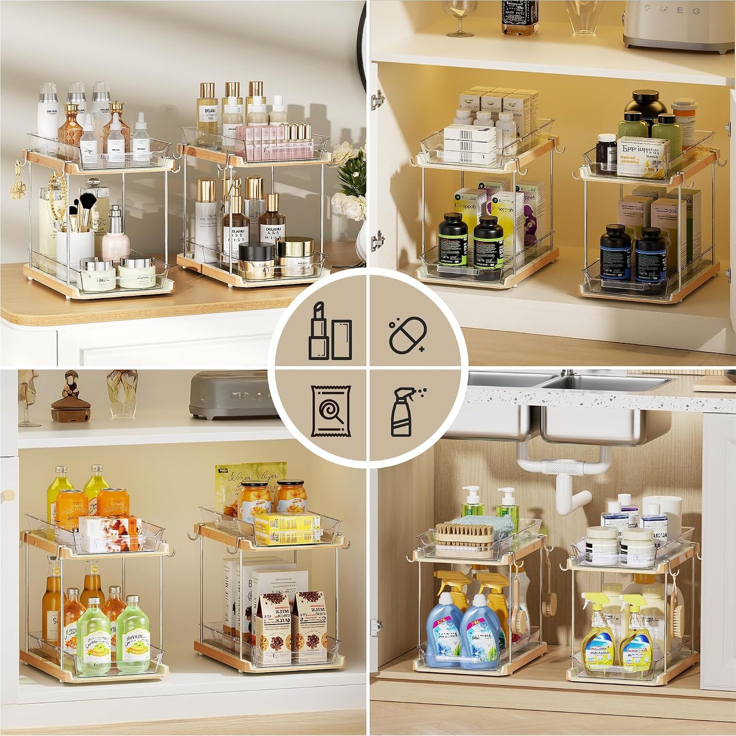 Delamu 2 Tier Under Sink Organizer Bathroom, Bathroom Cabinet Organizer with Snap-Lock Design and Hooks, Pull Out Storage with Movable Dividers, for Countertop, Kitchen and Pantry (Clear, 2 Pack)