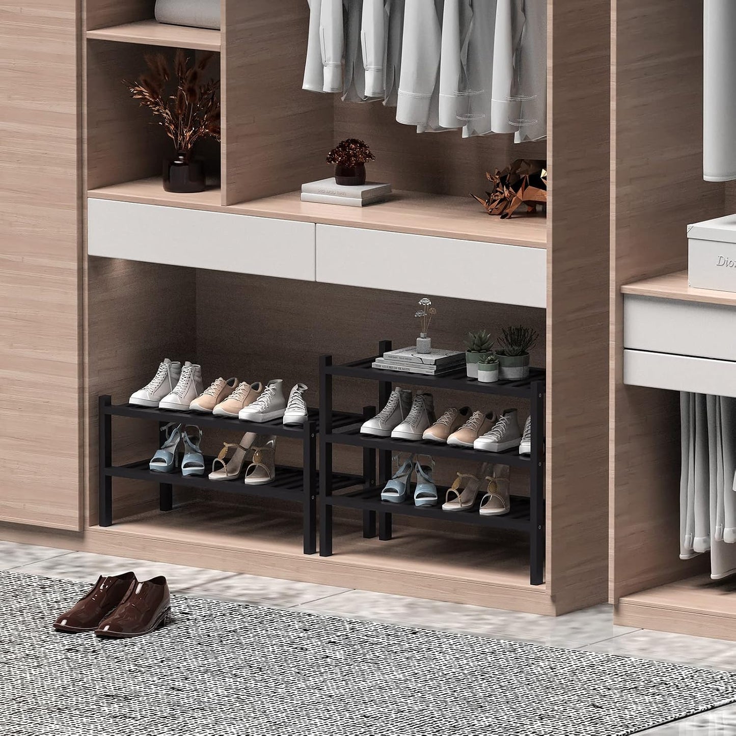 ROMGUAR CRAFT 3 Tier Bamboo Shoe Rack for Closet Free Standing Wood Shoe Shelf Storage Organizer for Entryway Small Space Stackable 27"x11"x20" (Natural)