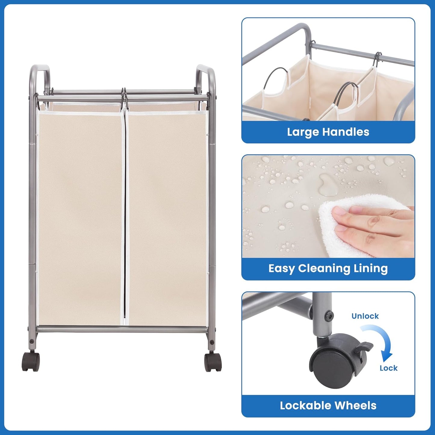 STORAGE MANIAC 3 Section Laundry Sorter, 35.6 Gal (135 L) Laundry Hamper Cart with Heavy Duty Rolling Lockable Wheels and Removable Bags, Clothes Organizer Basket Separator Hamper, Gray