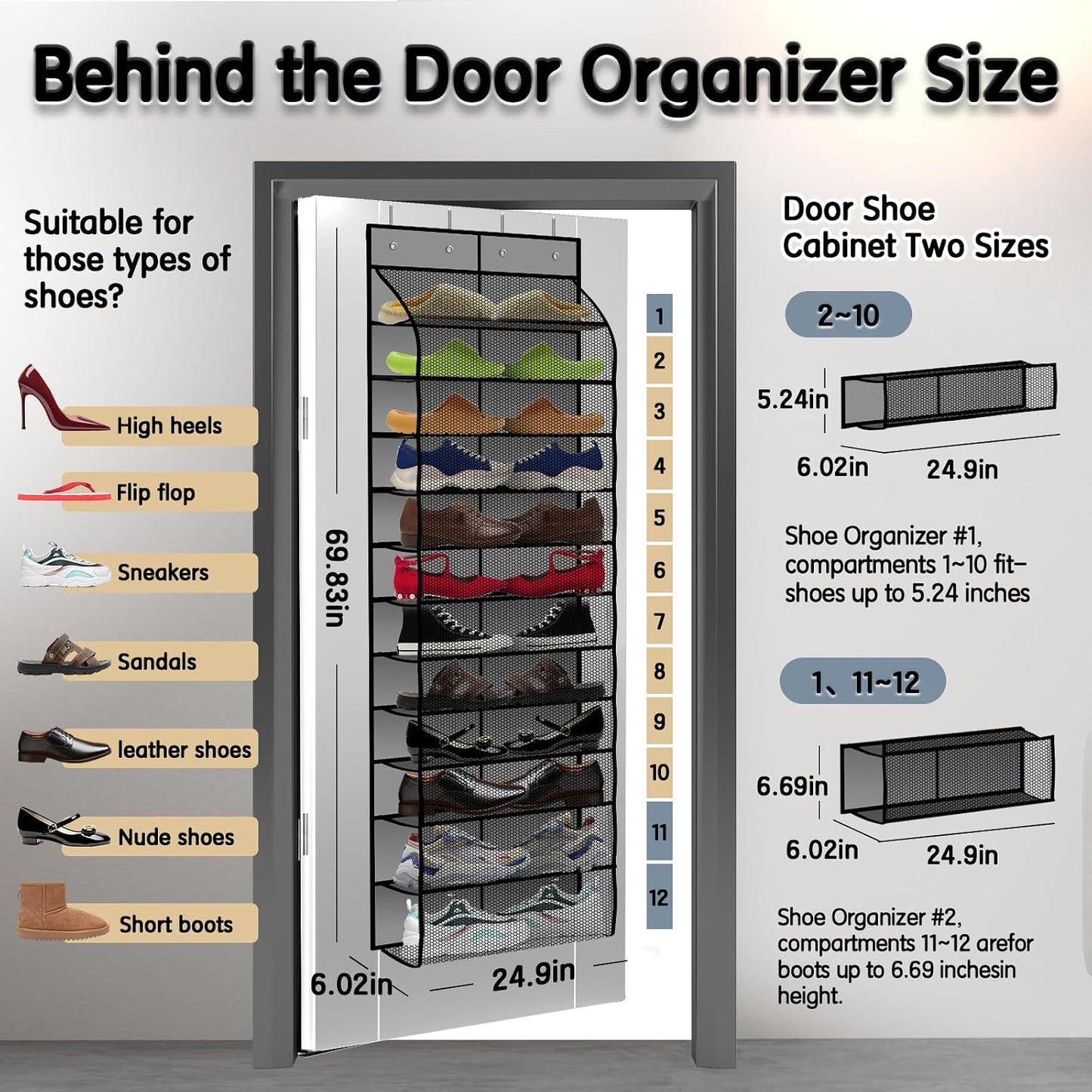 Kotkn Over The Door Shoe Organizer with 12 Large Breathable Pockets - Durable Hanging Storage for the Entire Family's Shoes (White)